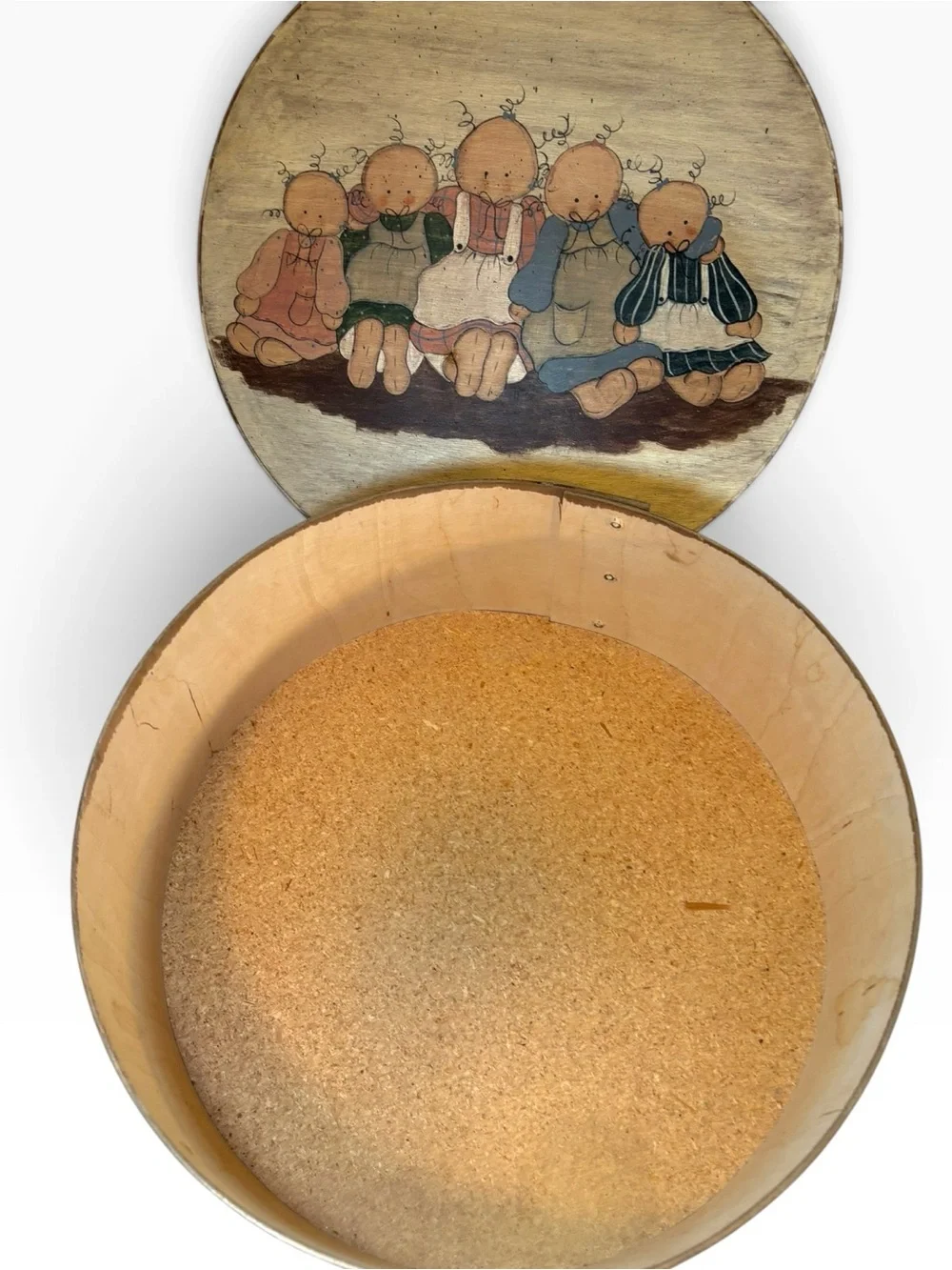 Vintage Bentwood Cheese Box Round Wooden Pantry Box Folk Art Painted Rag Dolls